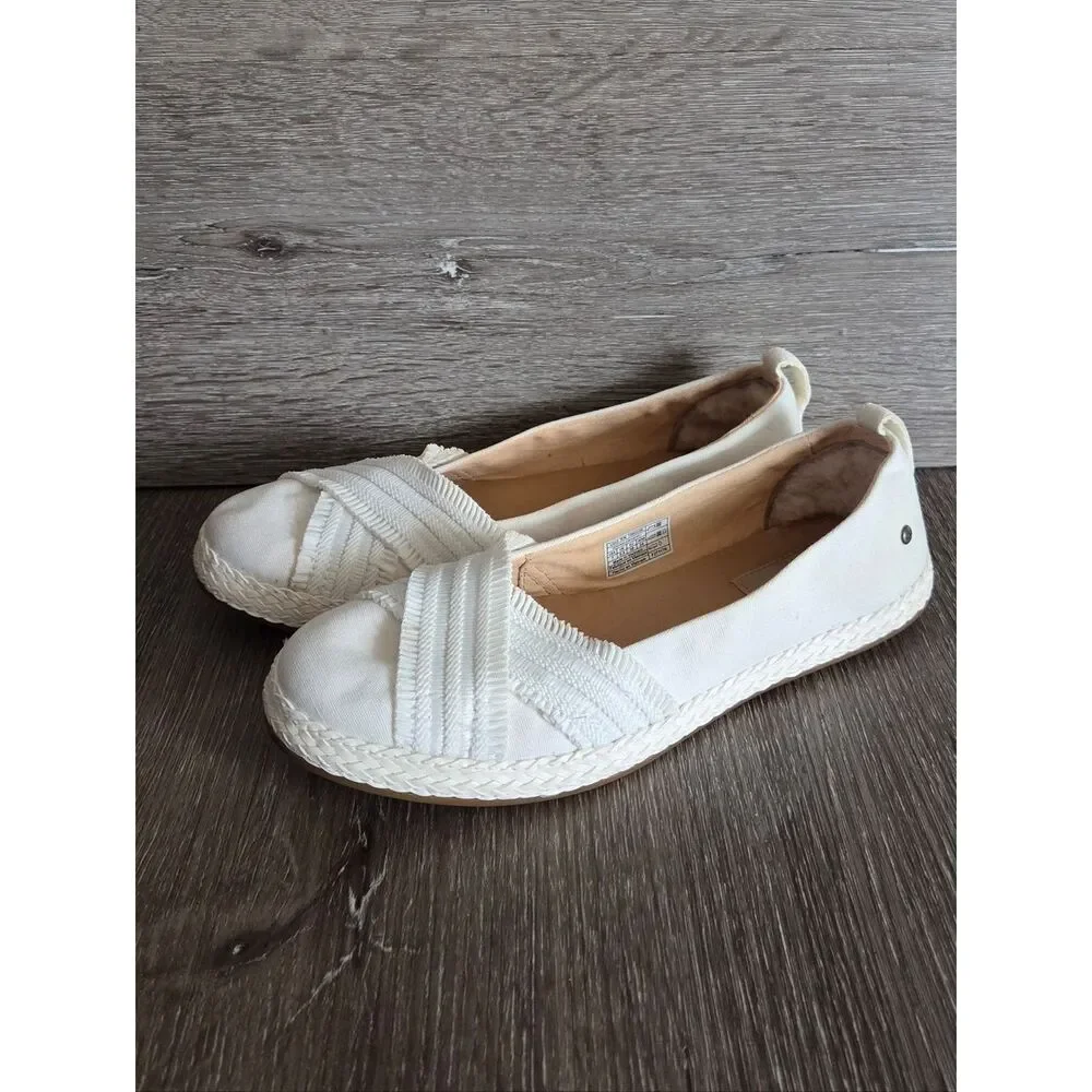 UGG Ynez Ballet Flats Womens 7 US Slip On Sherpa Heel Canvas Shoes White 1092238